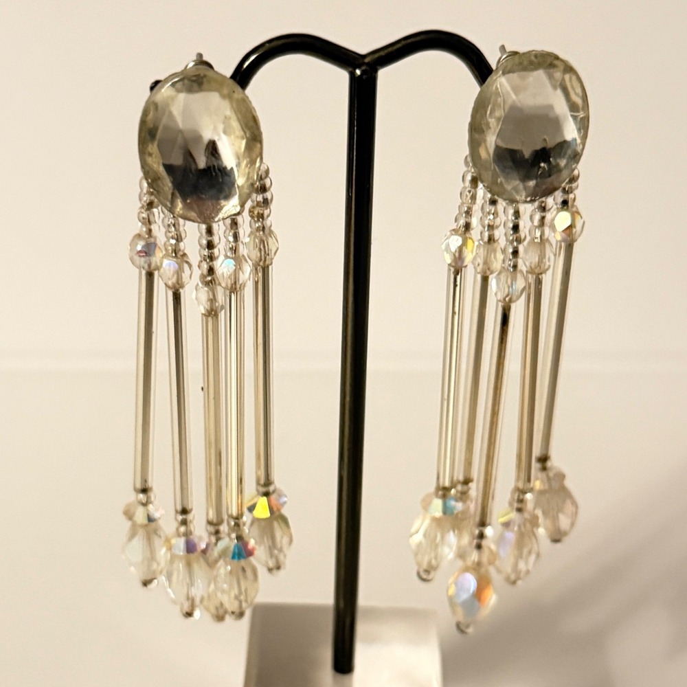 Crystal Chandelier Drop Earrings OS Clear Beaded Bridal Prom Formal Glam Vtg